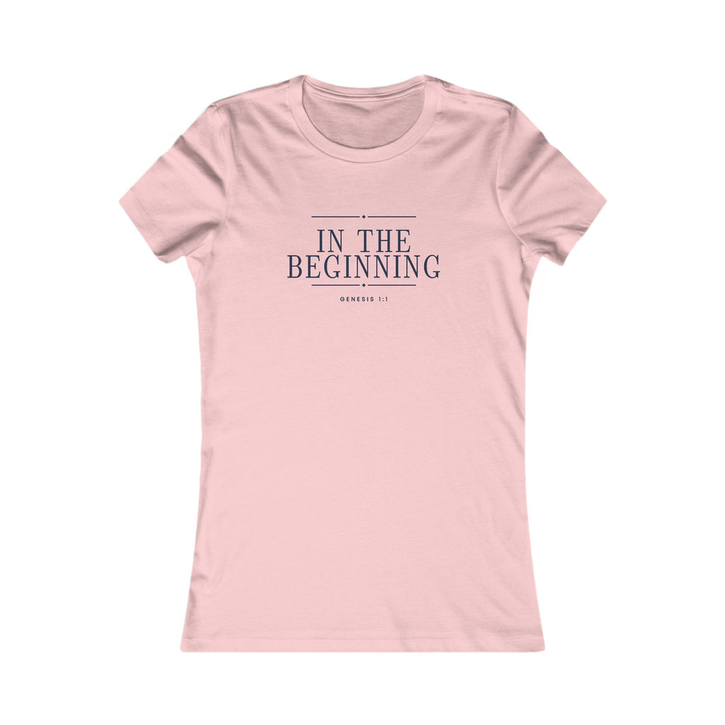 In The Beginning Women's Fitted Tee, women's fitted t-shirt, Pink, front view: navy IN THE BEGINNING with GENESIS 1:1, Genesis 1:1 (KJV)