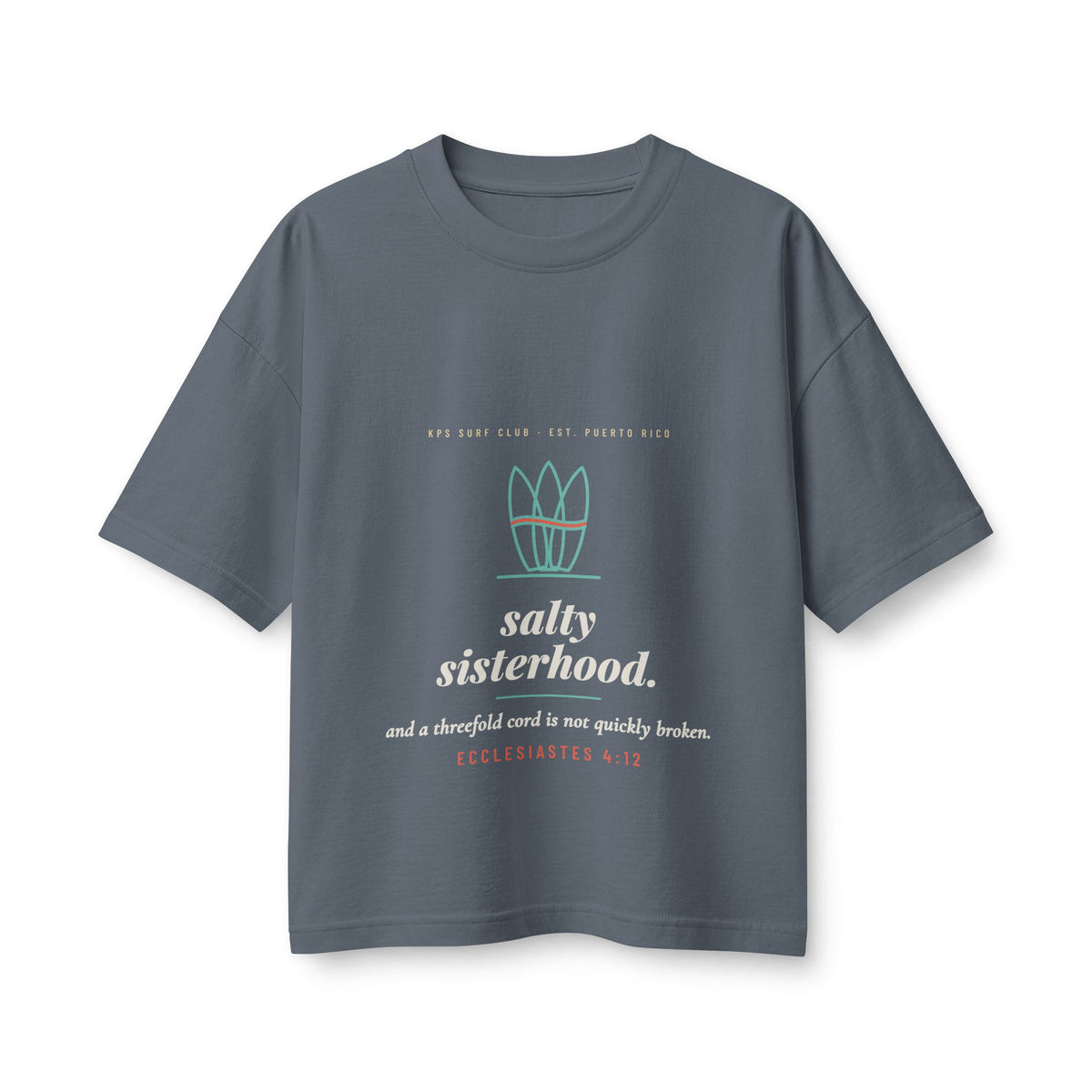 Salty Sisterhood Women's Boxy Tee, Vintage Navy, front view, SALTY SISTERHOOD. Ecclesiastes 4:12 (KJV)