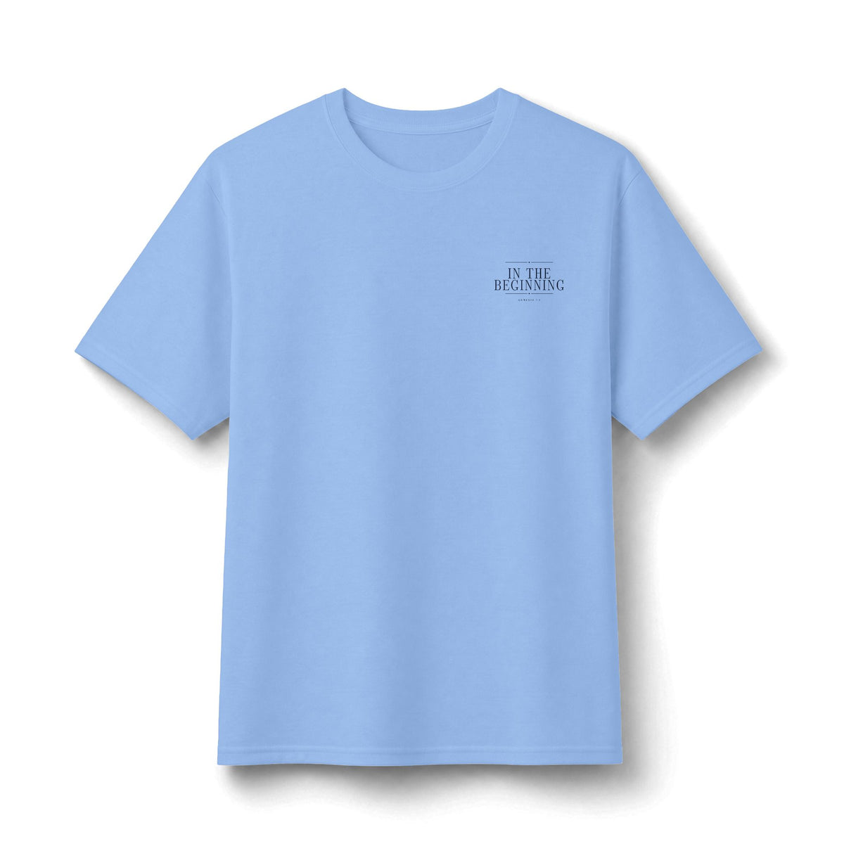 In The Beginning Tee in Light Blue, front view: small IN THE BEGINNING chest print, Genesis 1:1 (KJV)