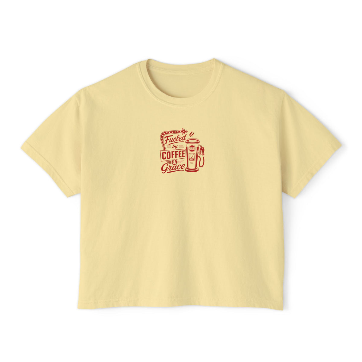 Fueled by Coffee & Grace Crop Tee, crop t-shirt, Butter, front view, FUELED BY COFFEE & GRACE., 2 Corinthians 12:9 (KJV)