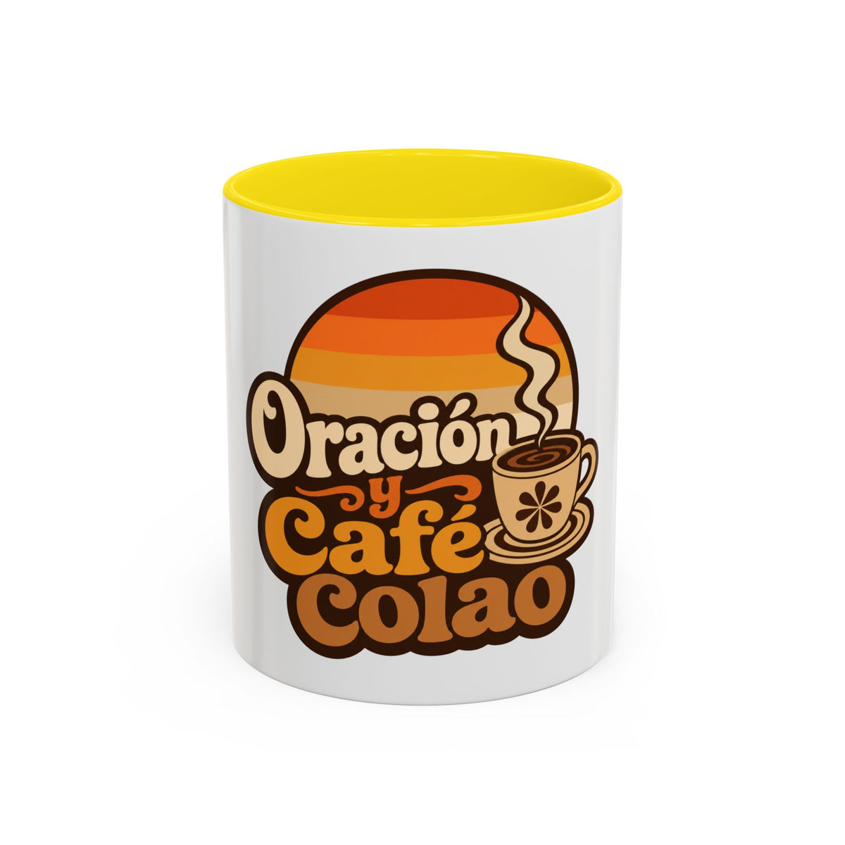 Oración y Café Colao Mug, mug, Yellow inside and handle, front view, ORACIÓN Y CAFÉ COLAO., Psalm 5:3 (KJV)