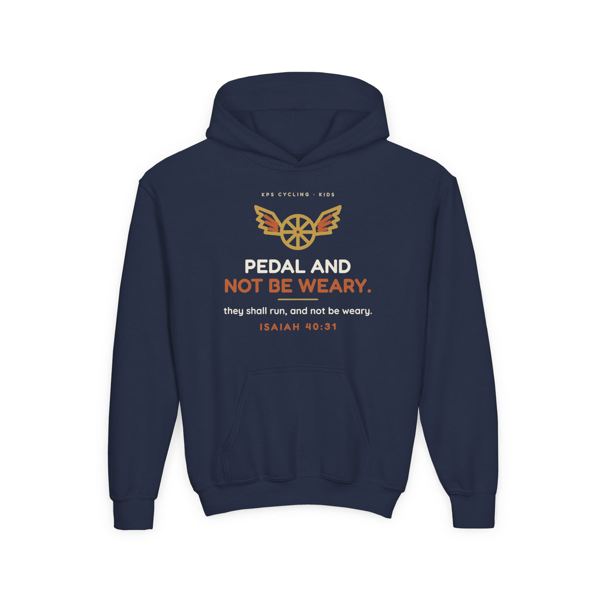 Pedal and Not Be Weary Youth Hoodie, Navy, front view, PEDAL AND NOT BE WEARY. Isaiah 40:31 (KJV)