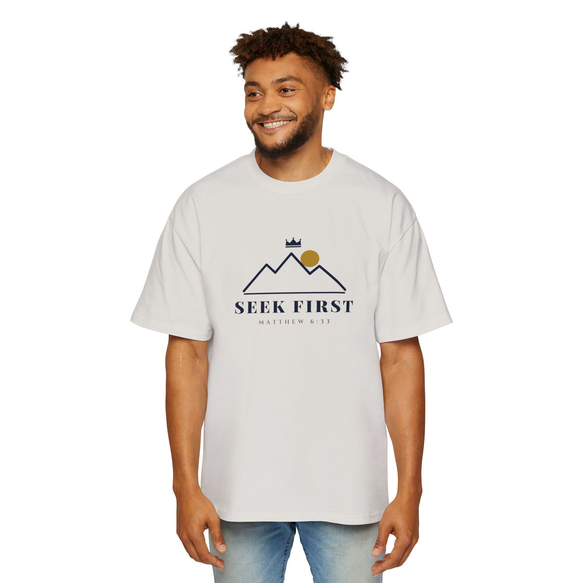 Seek First Mountain Oversized Tee, t-shirt, Faded Bone, front view, worn, SEEK FIRST., Matthew 6:33 (KJV)