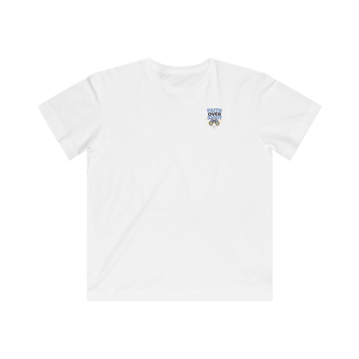 Faith Over Sight Kids Tee, White, front view, small chest emblem, FAITH OVER SIGHT., 2 Corinthians 5:7 (KJV)