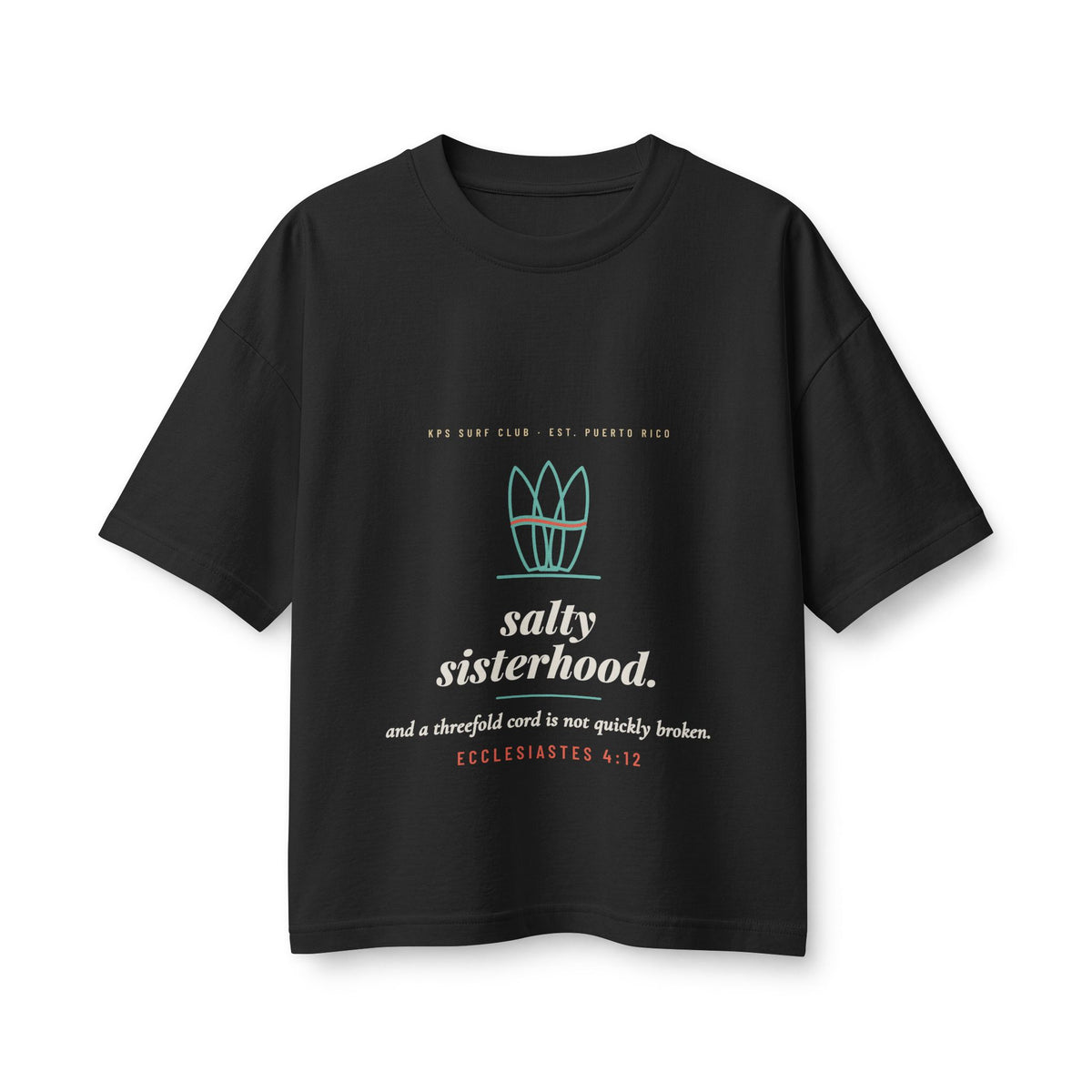 Salty Sisterhood Women's Boxy Tee, Vintage Black, front view, SALTY SISTERHOOD. Ecclesiastes 4:12 (KJV)