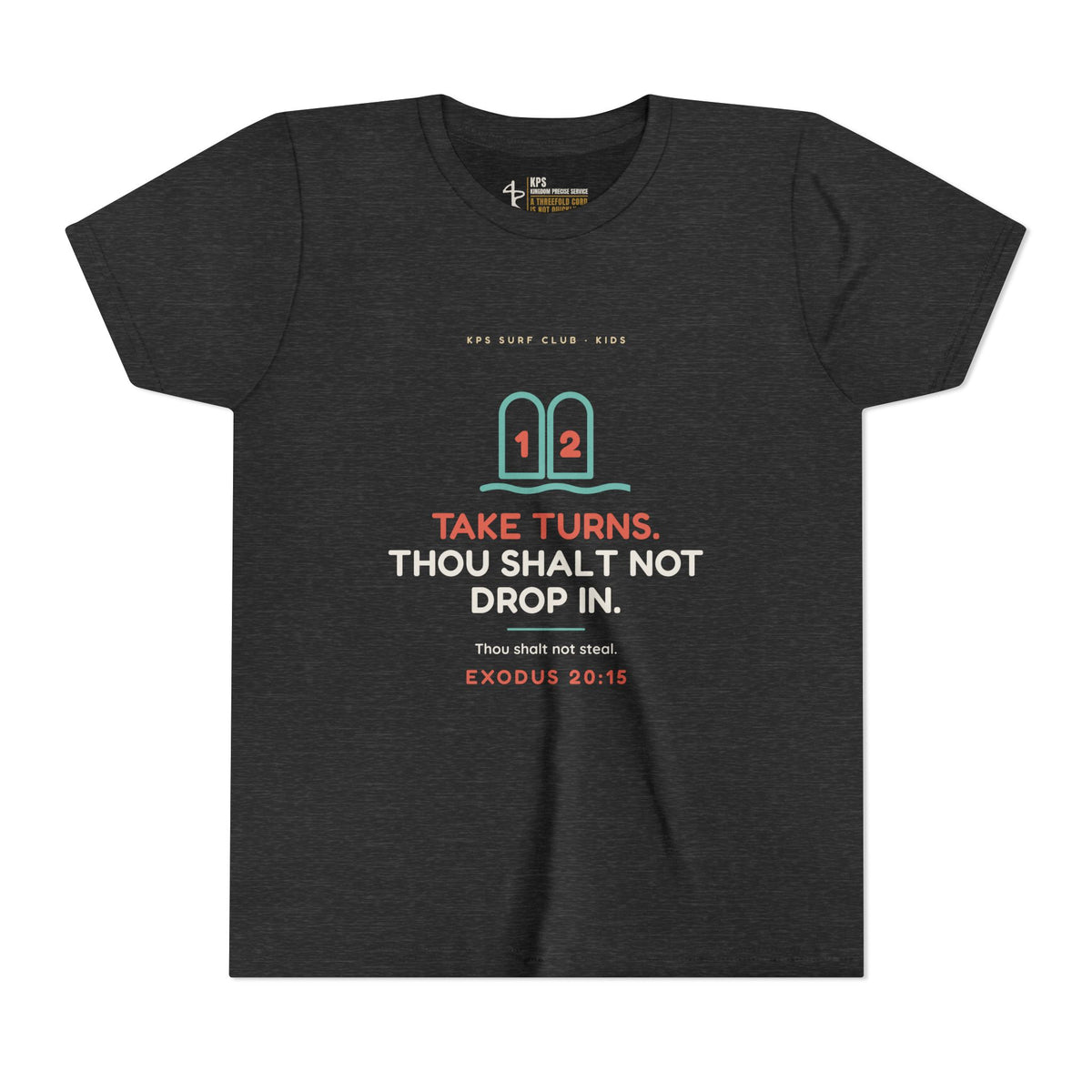 Take Turns Youth Tee, Dark Grey Heather, front view, TAKE TURNS. THOU SHALT NOT DROP IN., Exodus 20:15 (KJV)
