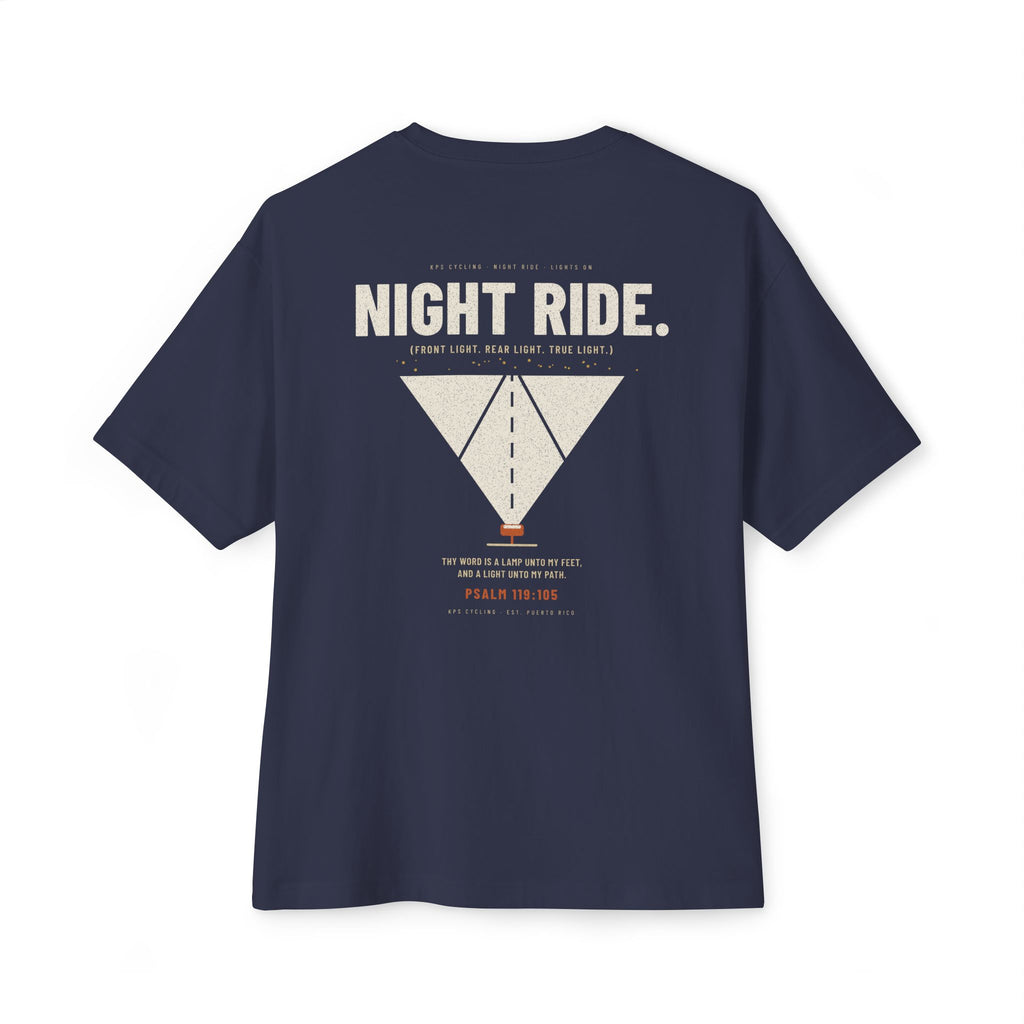 Night Ride Cycling Tee, Navy, back view, NIGHT RIDE. (FRONT LIGHT. REAR LIGHT. TRUE LIGHT.) Psalm 119:105 (KJV)