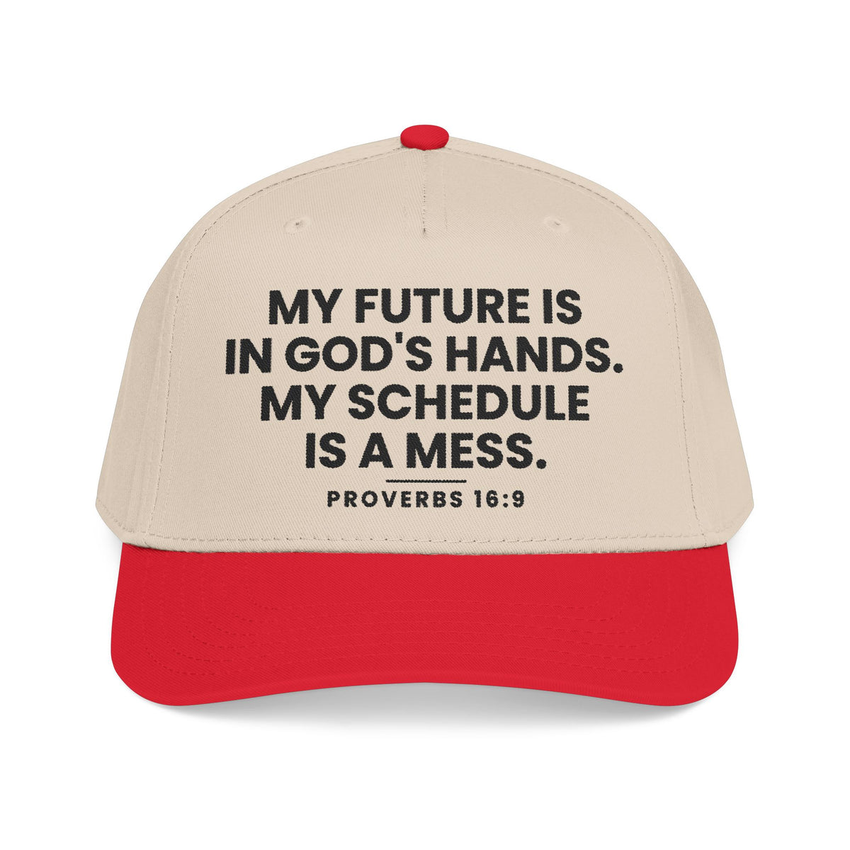 God's Hands Cap, Red/Natural, front view, MY FUTURE IS IN GOD'S HANDS. MY SCHEDULE IS A MESS., Proverbs 16:9 (KJV)