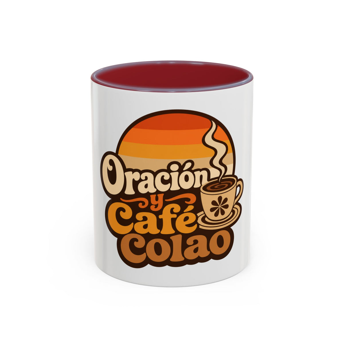 Oración y Café Colao Mug, mug, Maroon inside and handle, front view, ORACIÓN Y CAFÉ COLAO., Psalm 5:3 (KJV)