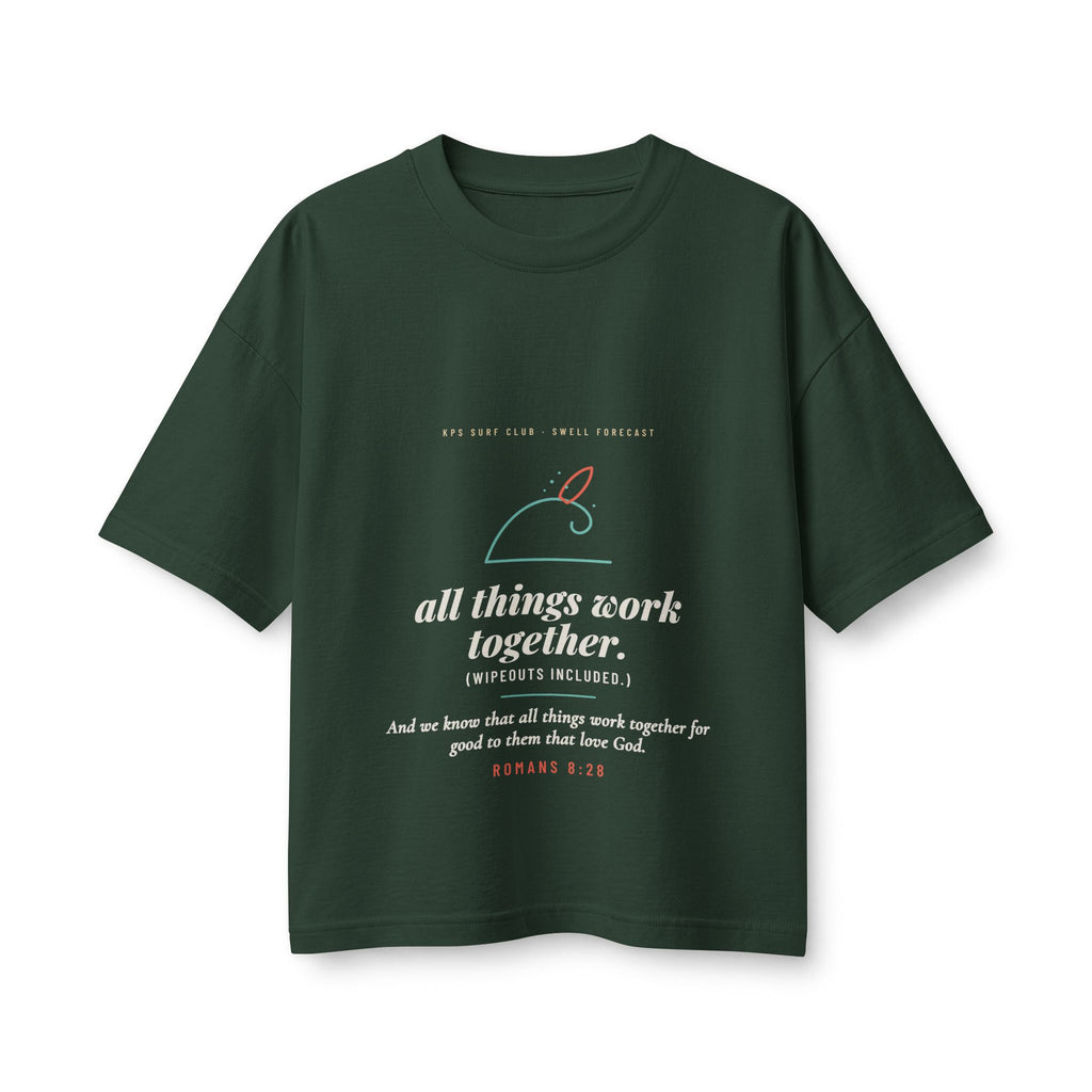 All Things Work Together Women's Boxy Tee, Forest, front view, ALL THINGS WORK TOGETHER. (WIPEOUTS INCLUDED.) Romans 8:28 (KJV)