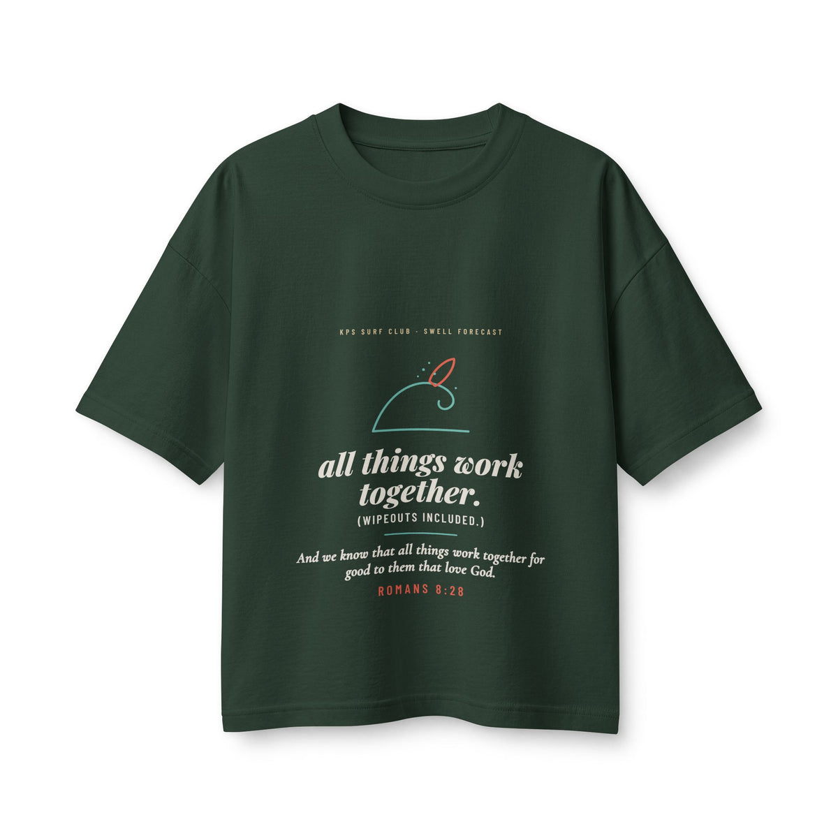 All Things Work Together Women's Boxy Tee, Forest, front view, ALL THINGS WORK TOGETHER. (WIPEOUTS INCLUDED.) Romans 8:28 (KJV)