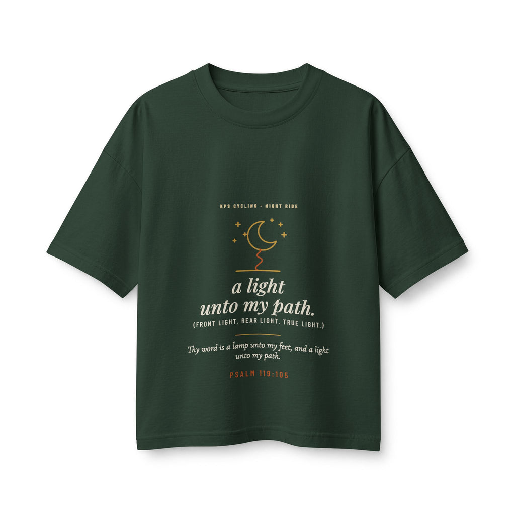 A Light Unto My Path Women's Boxy Tee, Forest, front view, A LIGHT UNTO MY PATH. (FRONT LIGHT. REAR LIGHT. TRUE LIGHT.) Psalm 119:105 (KJV)