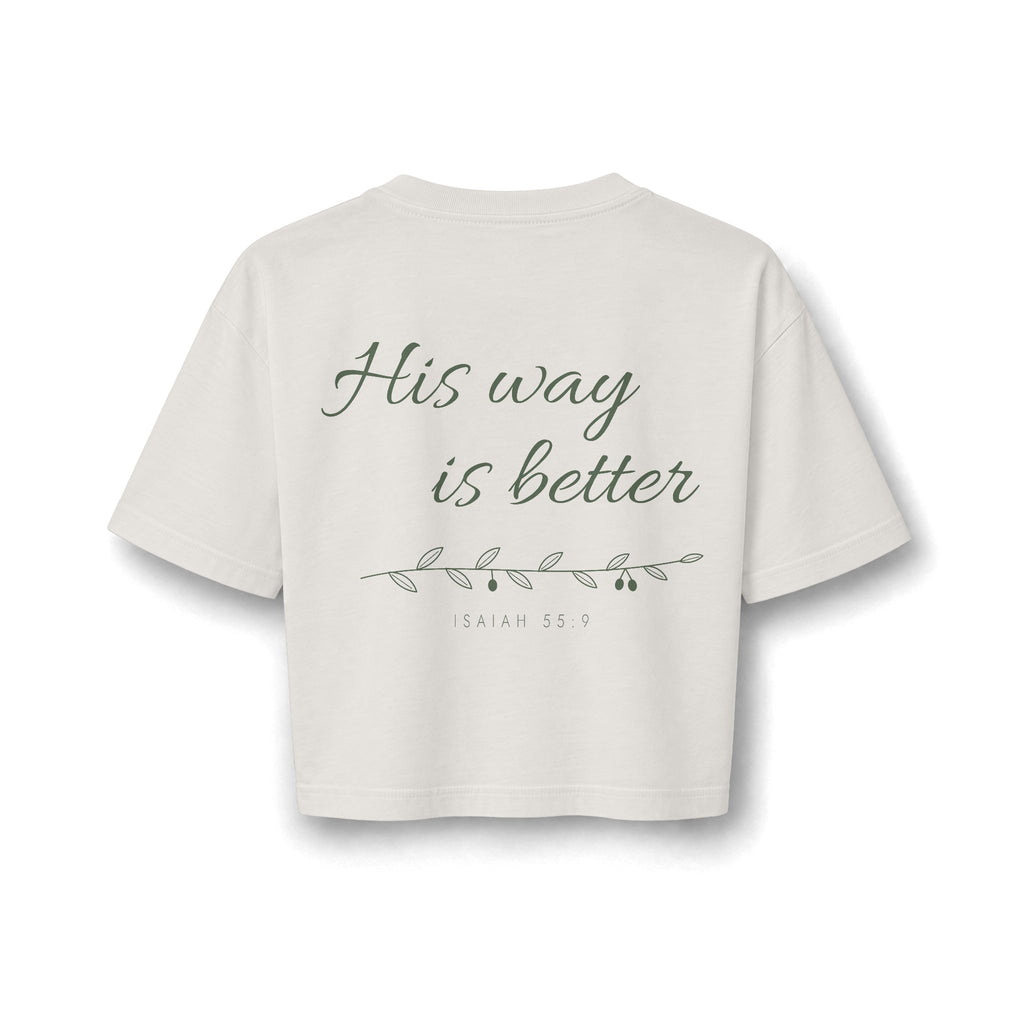 His Way Cropped Tee, Faded Bone, back view, large print, HIS WAY., Isaiah 55:9 (KJV)