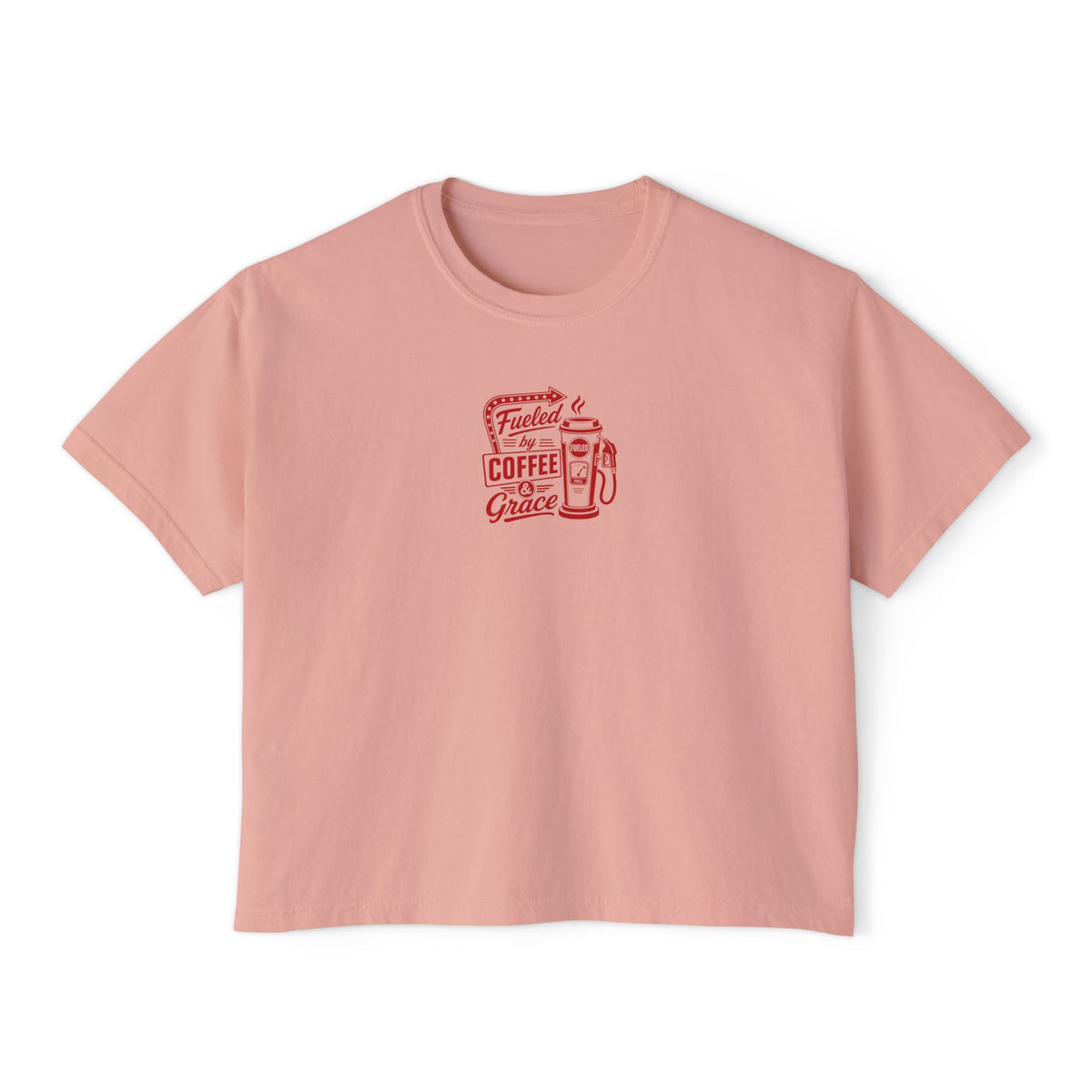 Fueled by Coffee & Grace Crop Tee, crop t-shirt, Peachy, front view, FUELED BY COFFEE & GRACE., 2 Corinthians 12:9 (KJV)