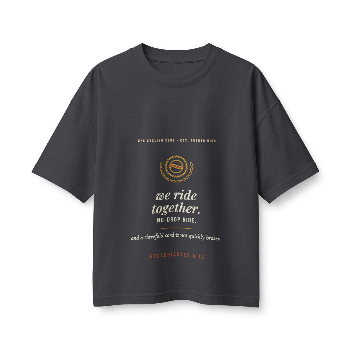 We Ride Together Women's Boxy Tee, Dark Grey, front view, WE RIDE TOGETHER. (NO-DROP RIDE.) Ecclesiastes 4:12 (KJV)