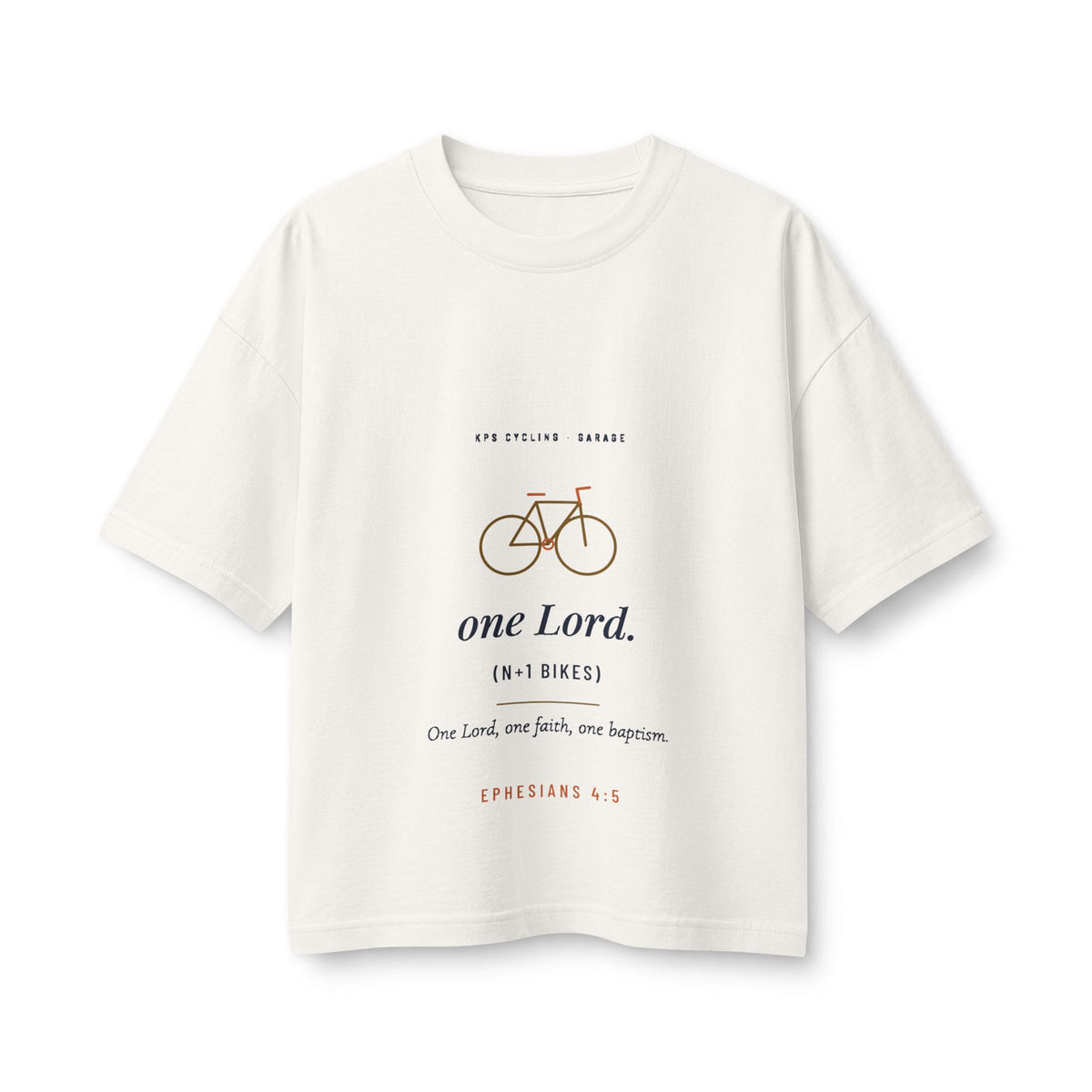 One Lord N+1 Bikes Women's Boxy Tee, Vintage White, front view, ONE LORD. (N+1 BIKES.) Ephesians 4:5 (KJV)