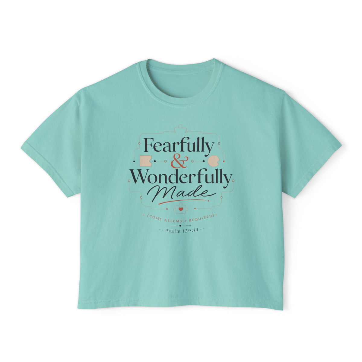 Fearfully Made Crop Tee, crop t-shirt, Chalky Mint, front view, FEARFULLY & WONDERFULLY MADE., Psalm 139:14 (KJV)