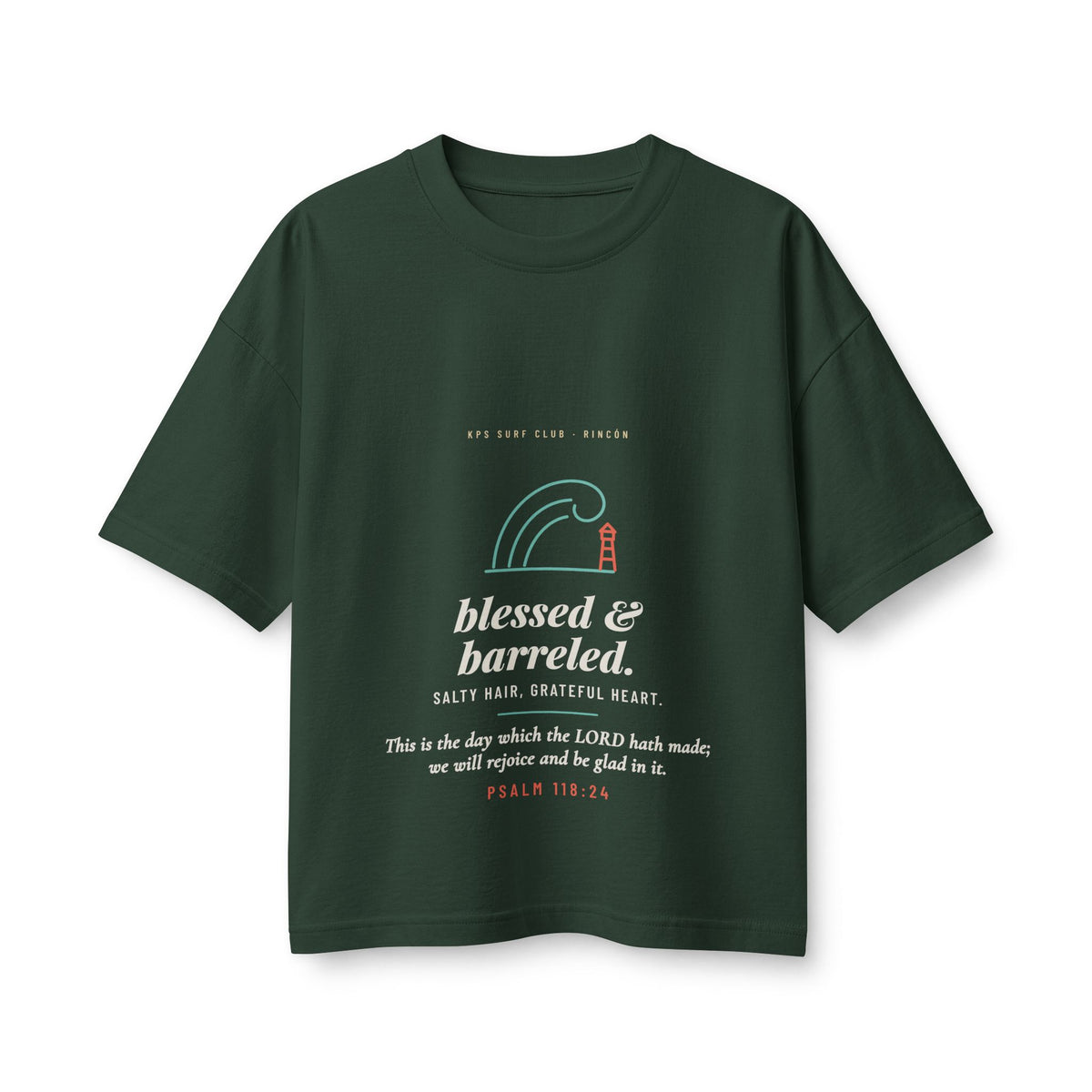 Blessed & Barreled Women's Boxy Tee, Forest, front view, BLESSED & BARRELED. SALTY HAIR, GRATEFUL HEART. Psalm 118:24 (KJV)