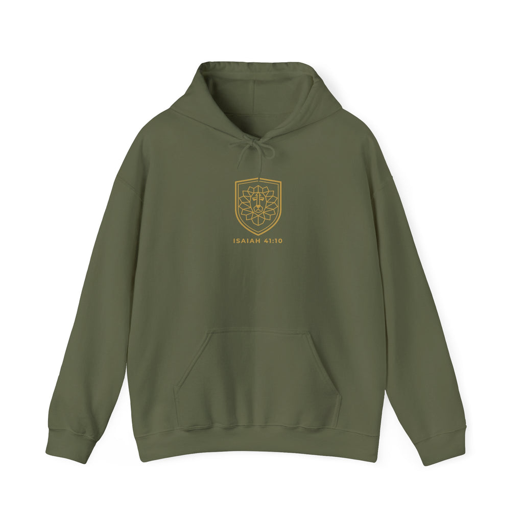 Fear Not Lion Hoodie, hoodie, Military Green, front view, small chest mark, FEAR NOT., Isaiah 41:10 (KJV)
