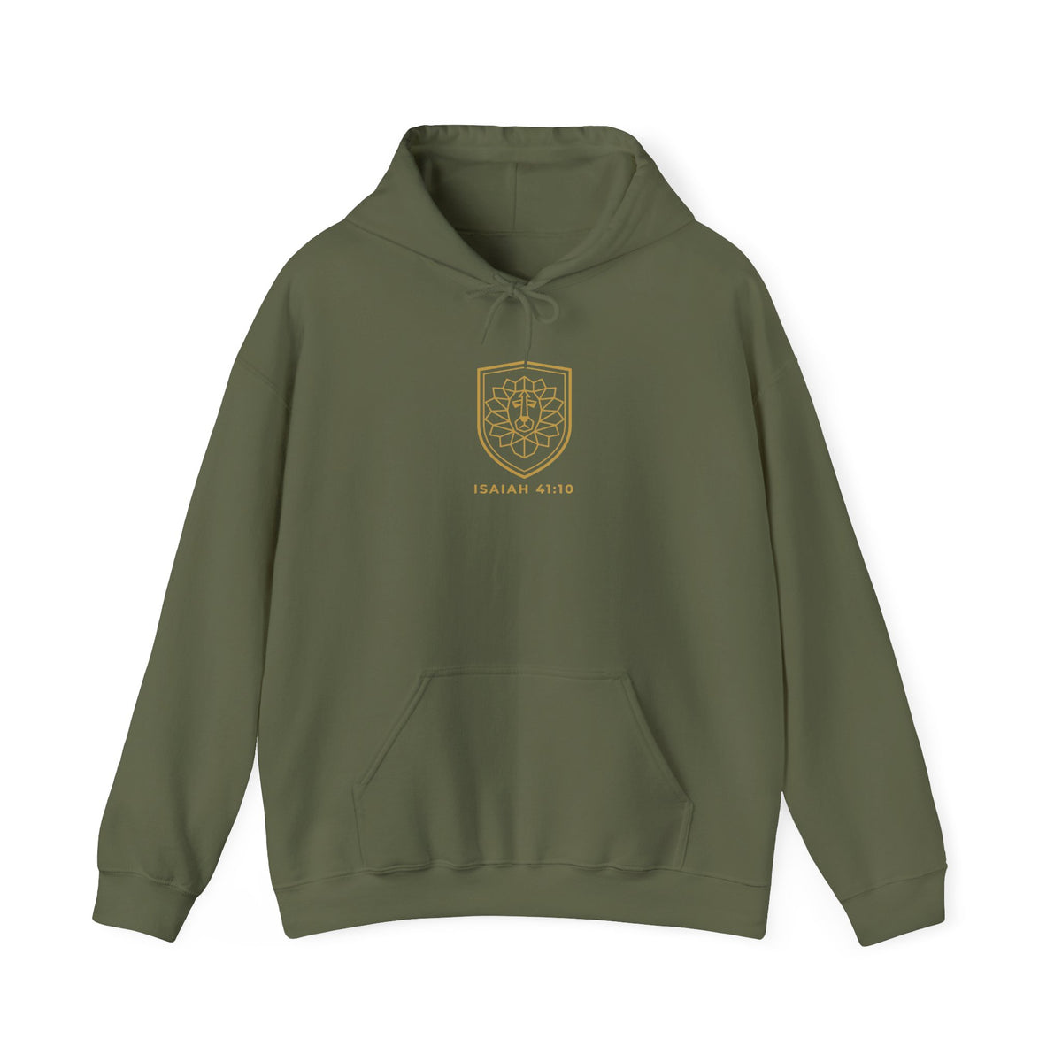 Fear Not Lion Hoodie, hoodie, Military Green, front view, small chest mark, FEAR NOT., Isaiah 41:10 (KJV)