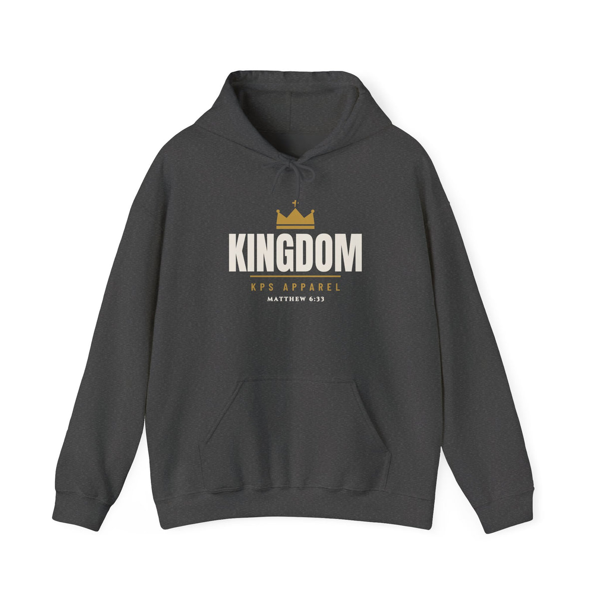 Seek First Hoodie in Dark Heather, front view: KINGDOM with gold crown, KPS APPAREL and MATTHEW 6:33 chest print, Matthew 6:33 (KJV)