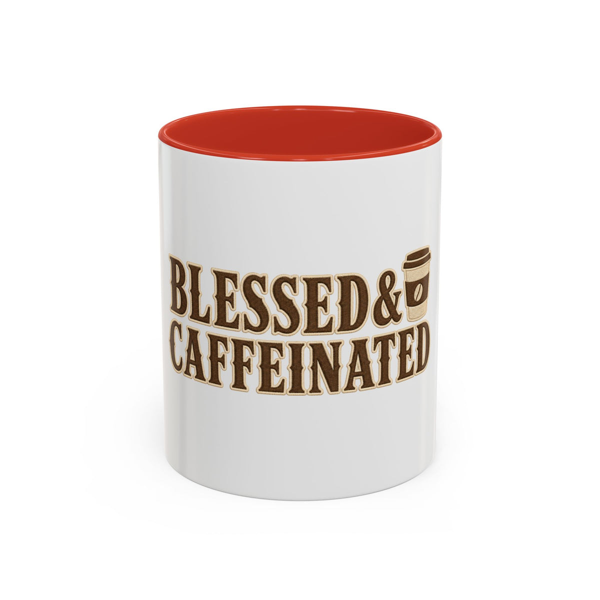 Blessed & Caffeinated Mug, mug, Red inside and handle, front view, BLESSED & CAFFEINATED., Lamentations 3:22–23 (KJV)