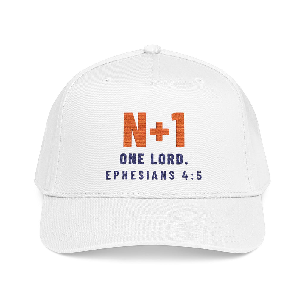 N+1 Cap, White, front view, N+1. ONE LORD. Ephesians 4:5 (KJV)