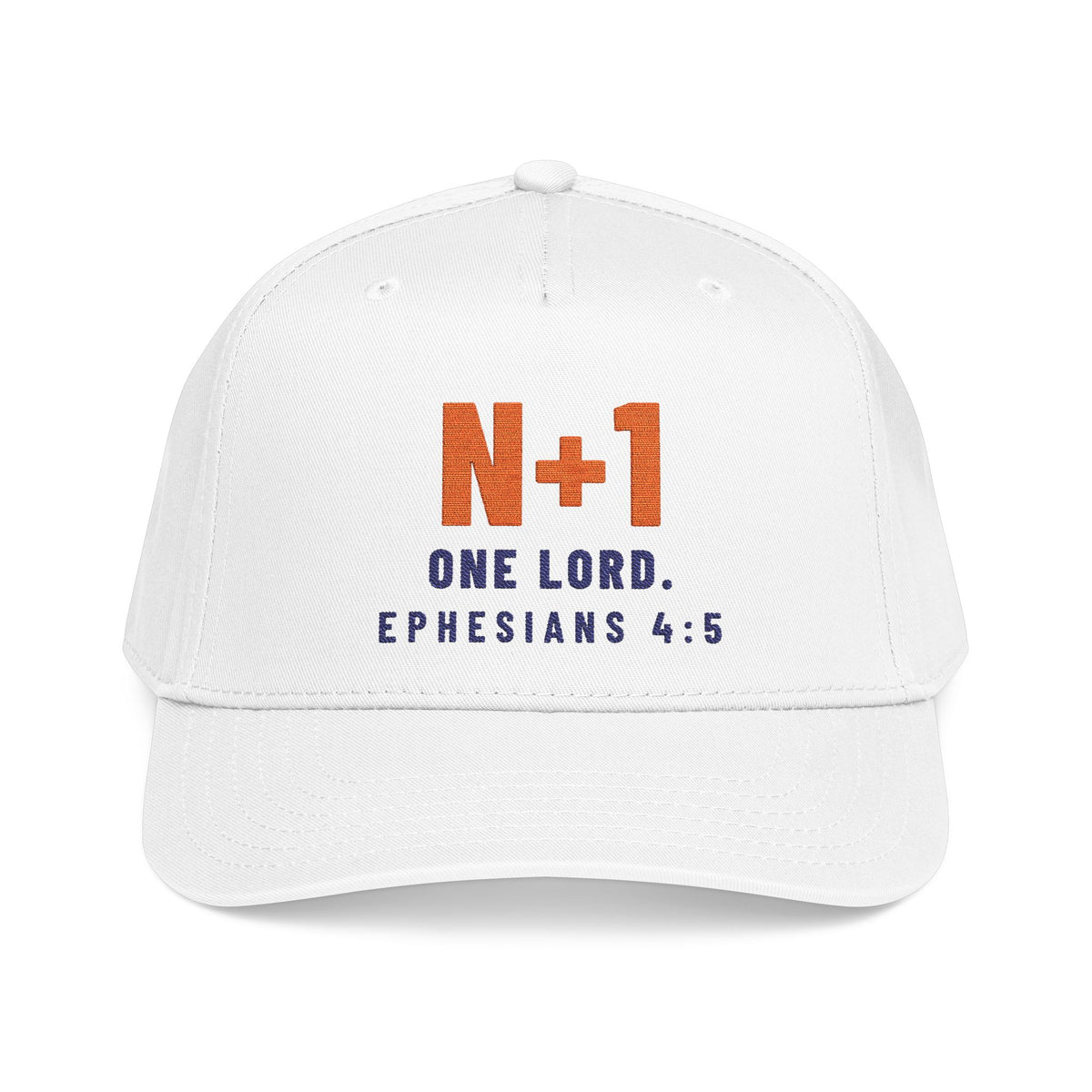 N+1 Cap, White, front view, N+1. ONE LORD. Ephesians 4:5 (KJV)