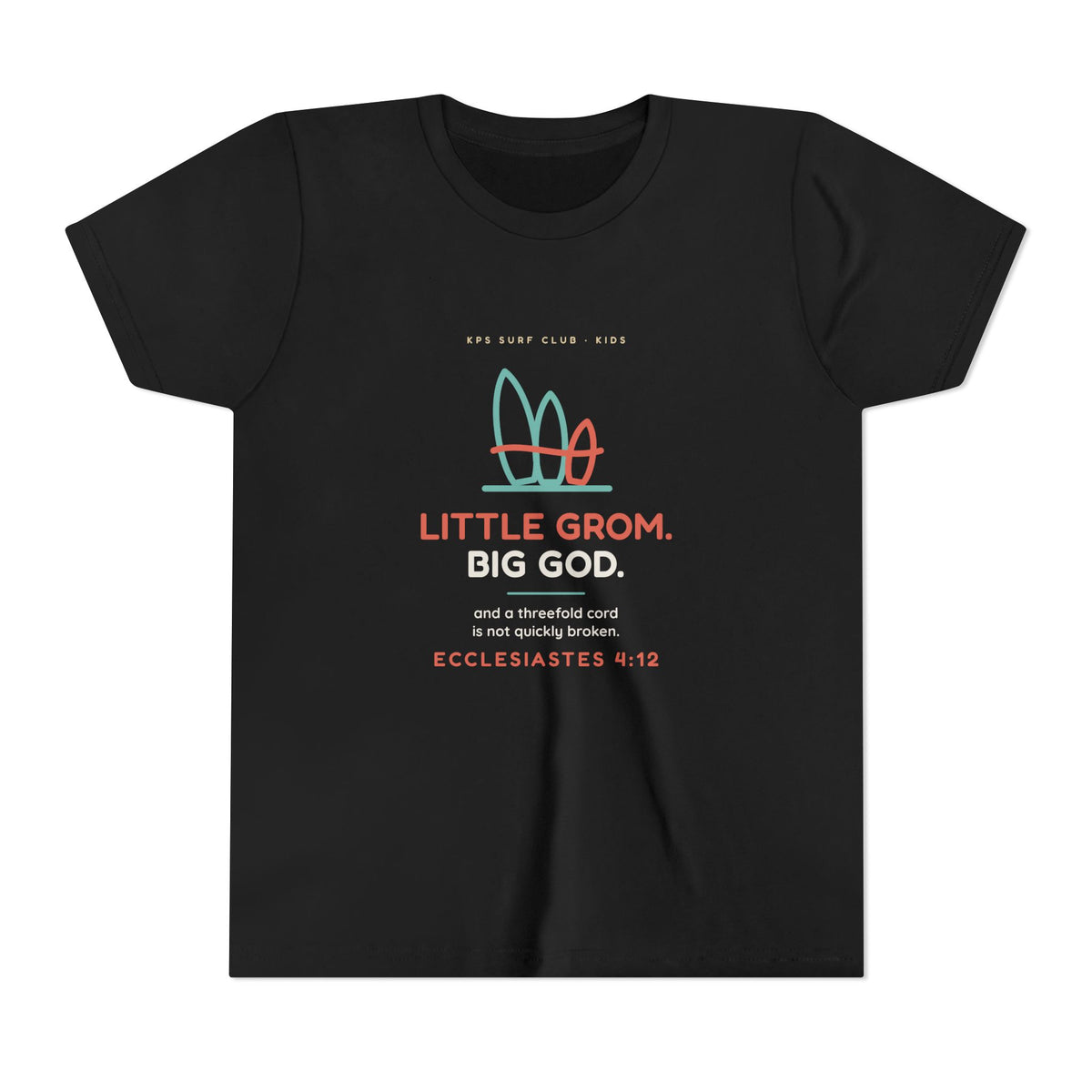 Little Grom. Big God. Youth Tee, Black, front view, LITTLE GROM. BIG GOD. Ecclesiastes 4:12 (KJV)