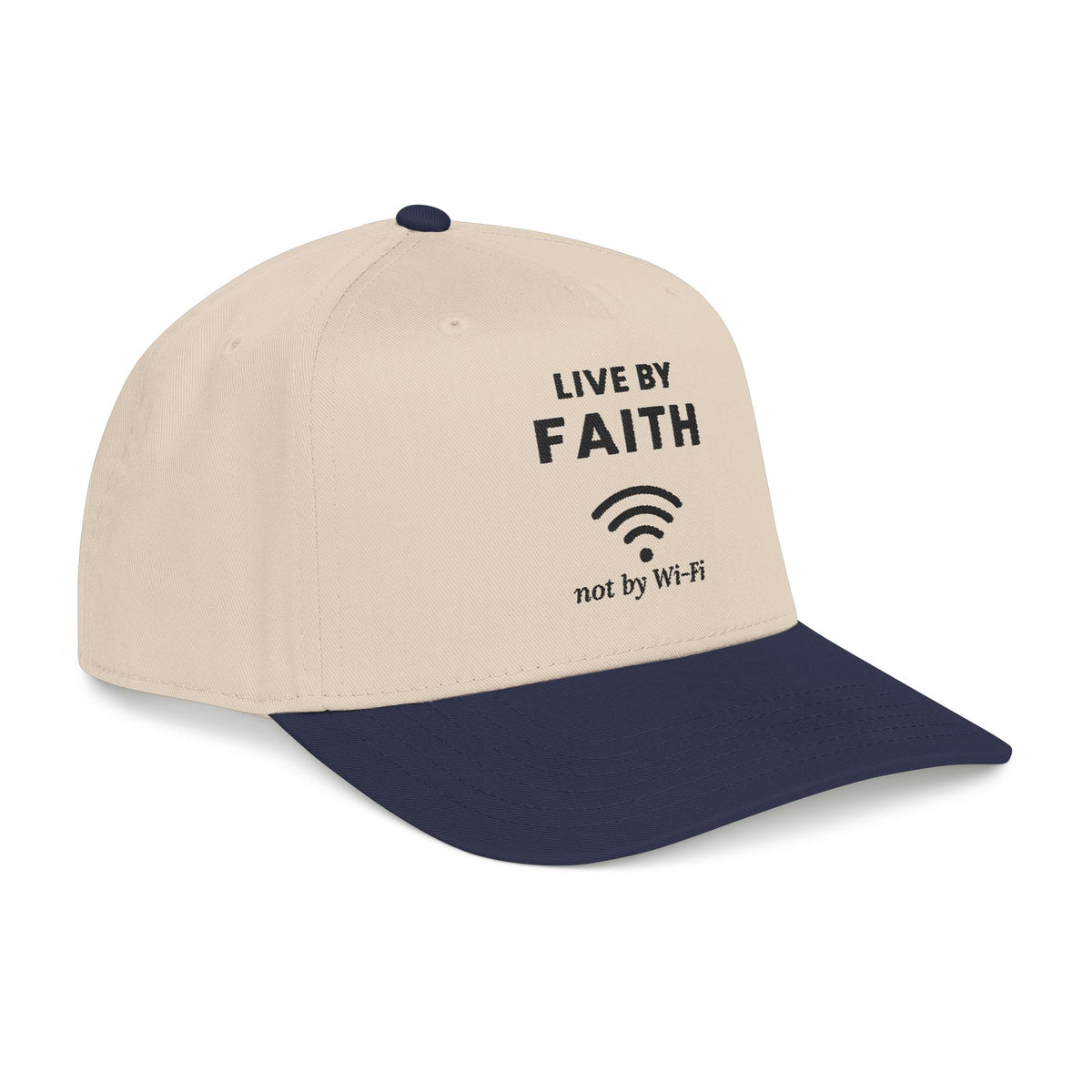 Not by Wi-Fi Cap in Natural with Navy brim, right side view: LIVE BY FAITH, Wi-Fi icon, not by Wi-Fi front print, Habakkuk 2:4 (KJV)