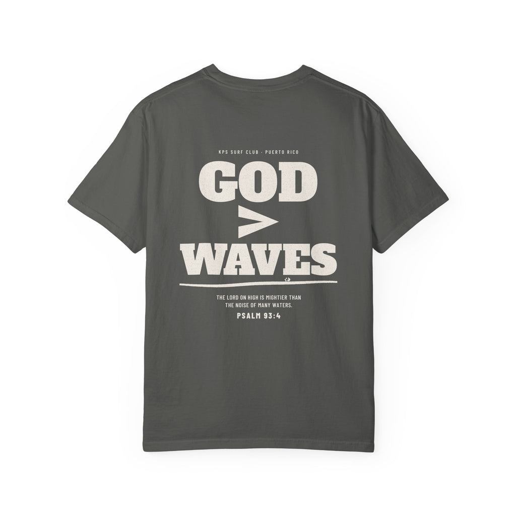 God Greater Than Waves Surf Tee, Pepper, back view, GOD > WAVES. Psalm 93:4 (KJV)
