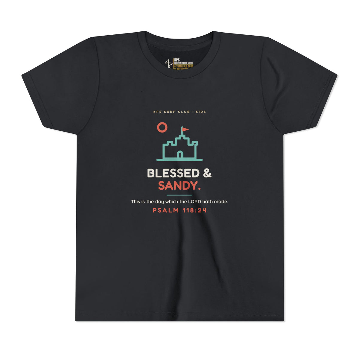 Blessed & Sandy Youth Tee, Vintage Black, front view, BLESSED & SANDY., Psalm 118:24 (KJV)