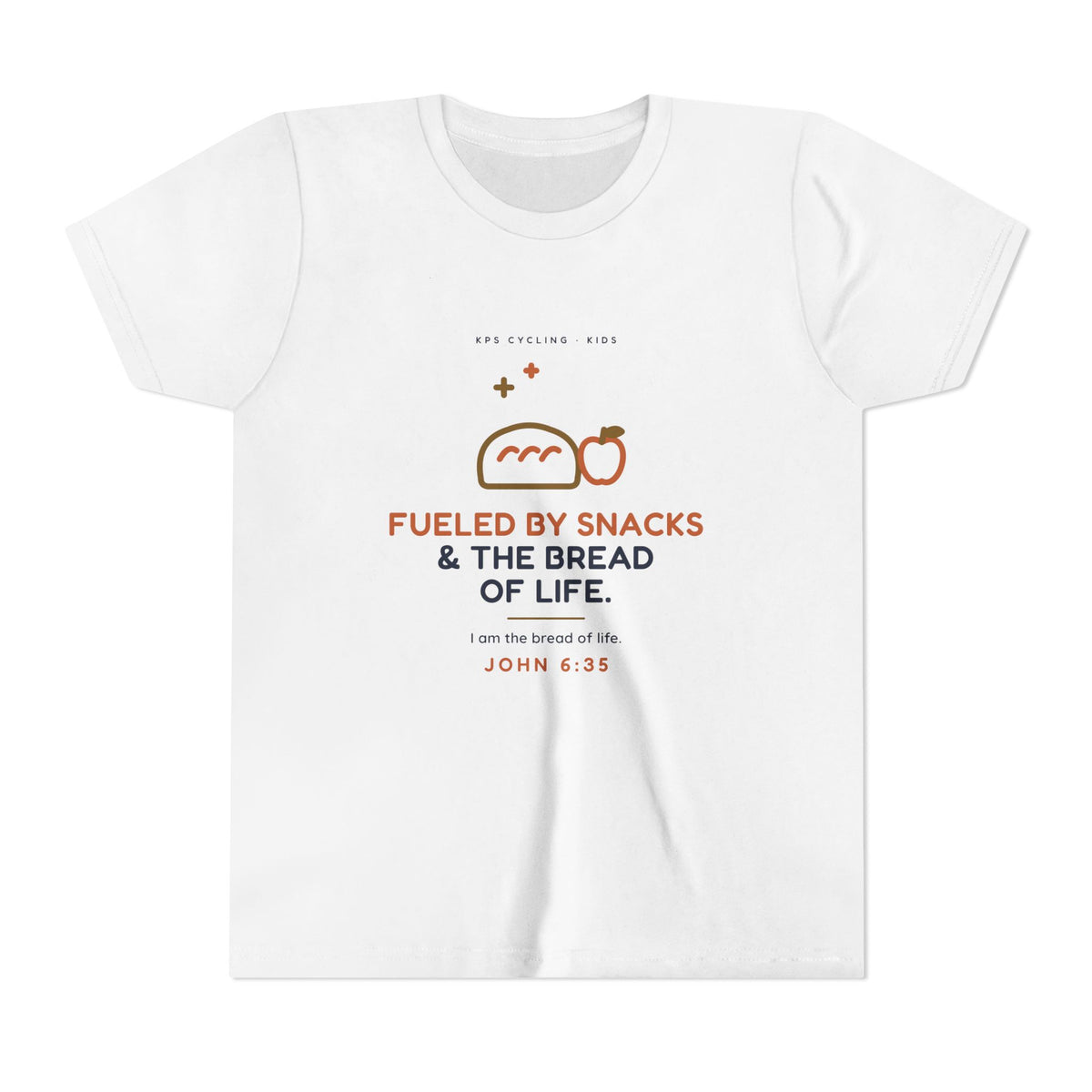 Fueled by Snacks & the Bread of Life Youth Tee, White, front view, FUELED BY SNACKS & THE BREAD OF LIFE. John 6:35 (KJV)