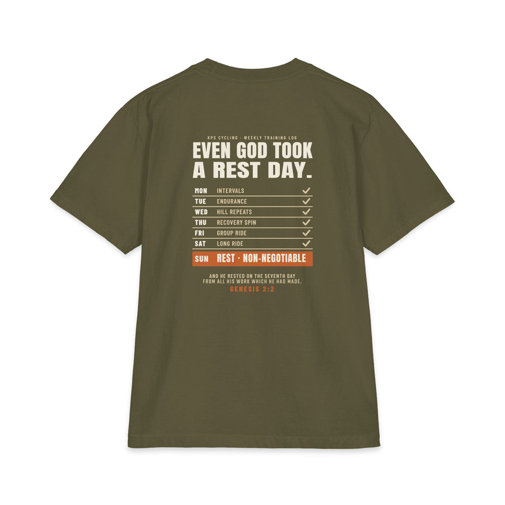 Even God Took a Rest Day Cycling Tee, Hunter Green, back view, EVEN GOD TOOK A REST DAY. Genesis 2:2 (KJV)