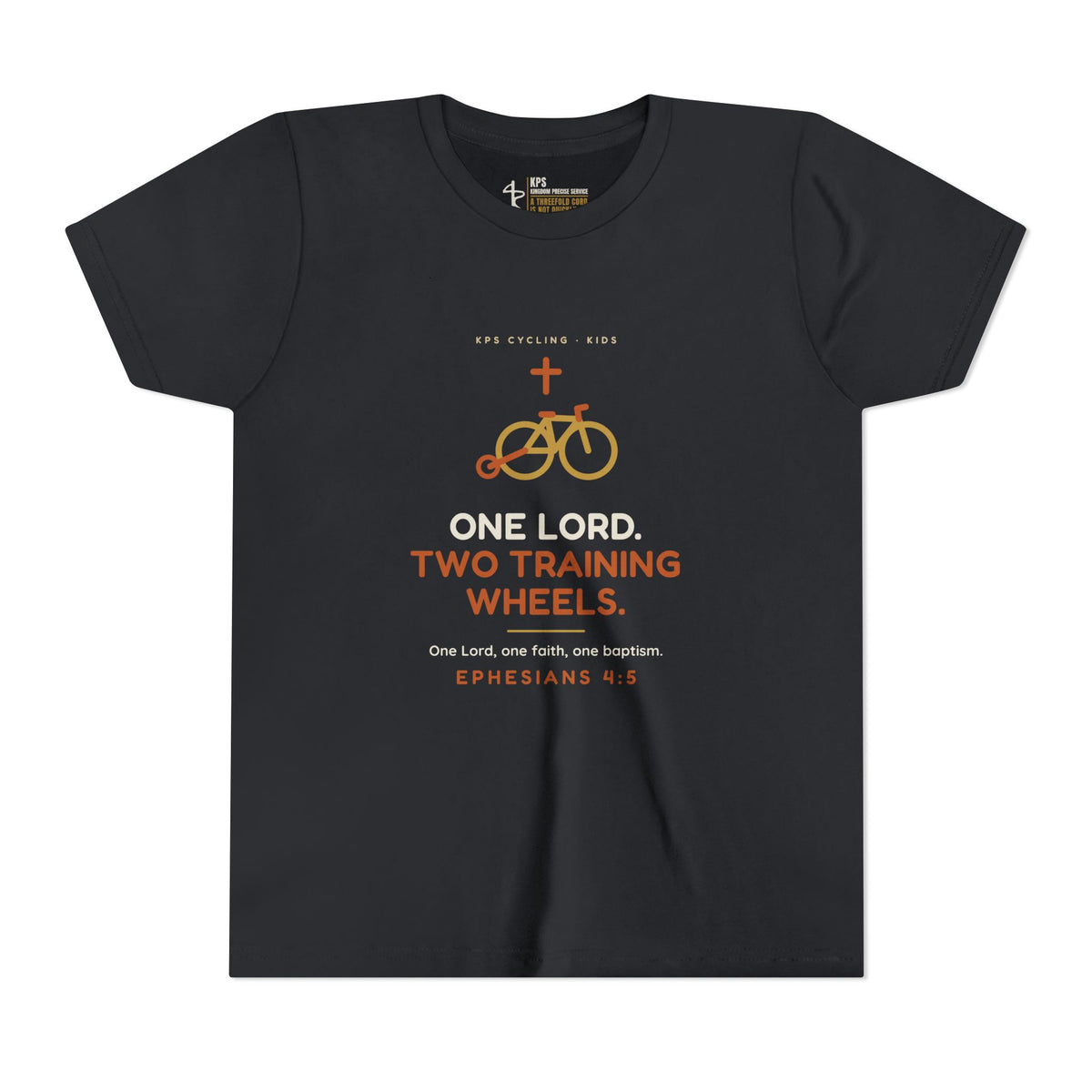One Lord, Two Training Wheels Youth Tee, Vintage Black, front view, ONE LORD. TWO TRAINING WHEELS., Ephesians 4:5 (KJV)