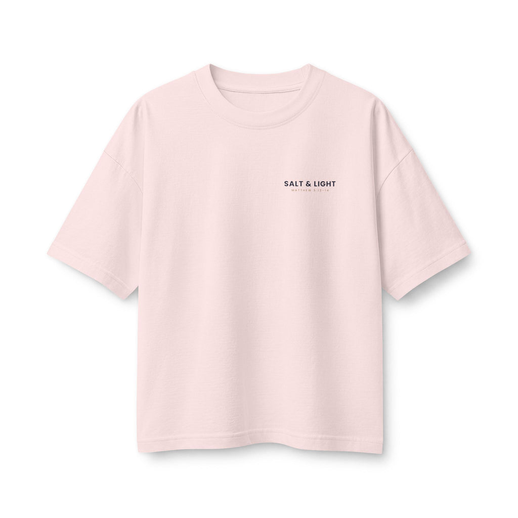 Salt & Light Women's Boxy Tee, Soft Pink, front view, small chest print, SALT & LIGHT., Matthew 5:13–14 (KJV)