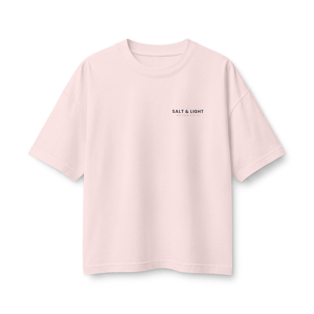 Salt & Light Women's Boxy Tee, Soft Pink, front view, small chest print, SALT & LIGHT., Matthew 5:13–14 (KJV)