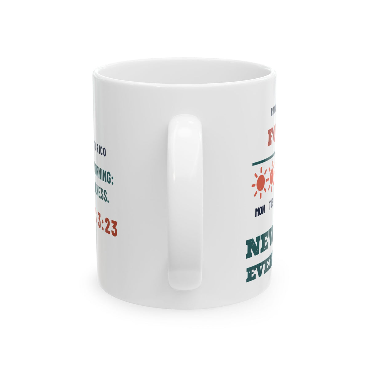 Forecast: New Mercies Mug, white 11 oz, handle view, FORECAST: NEW MERCIES. Lamentations 3:23 (KJV)