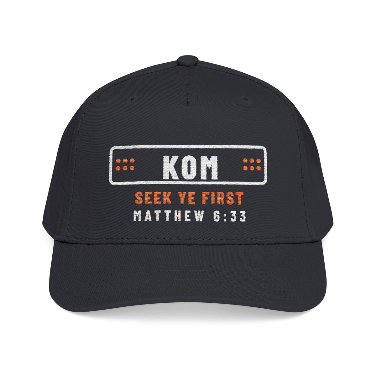 KOM Polka-Dot Cap, Black, front view, SEEK YE FIRST. THEN THE KOM. Matthew 6:33 (KJV)