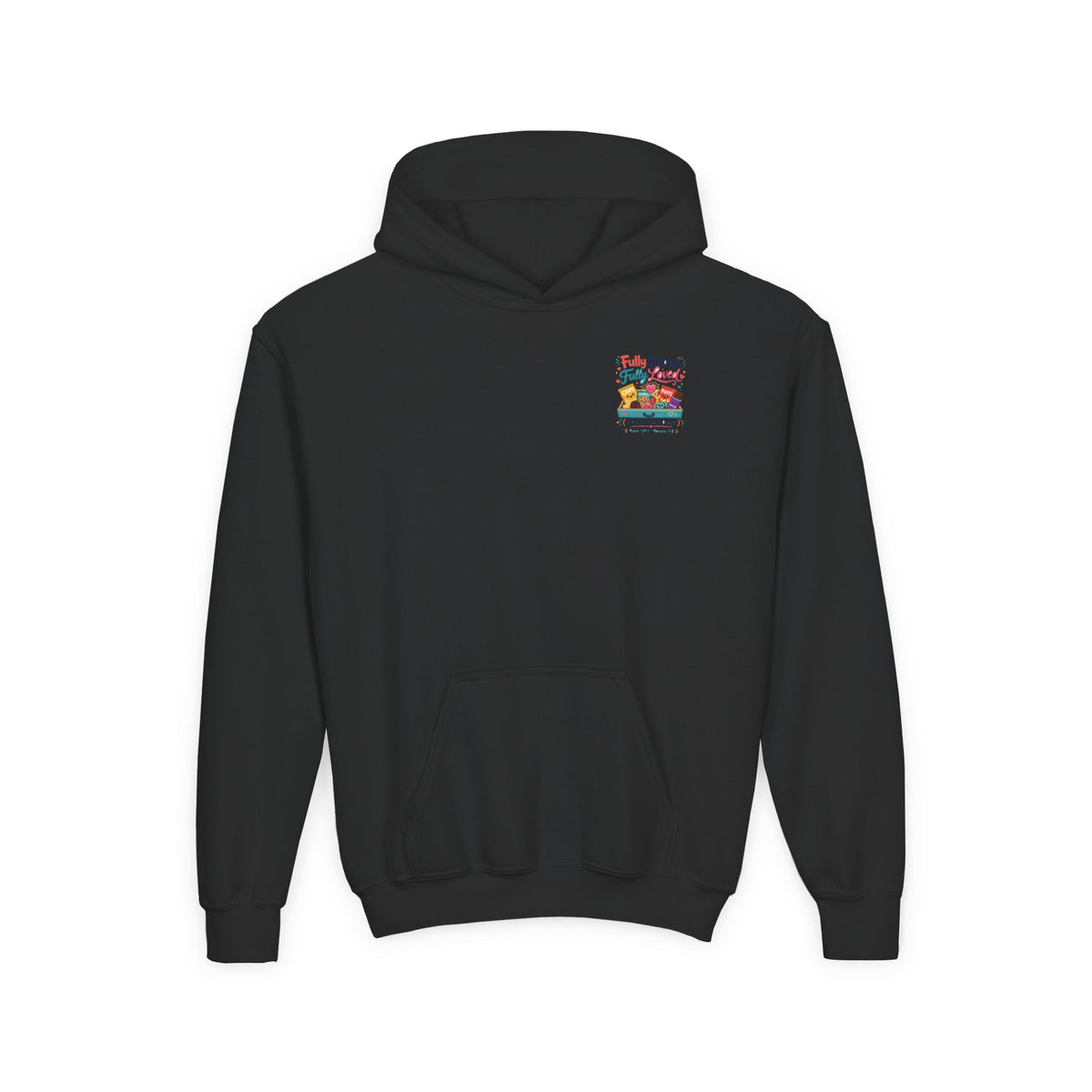 Fully Known Youth Hoodie, kids' hoodie, Black, front view, FULLY KNOWN, FULLY LOVED., Psalm 139:1 (KJV)