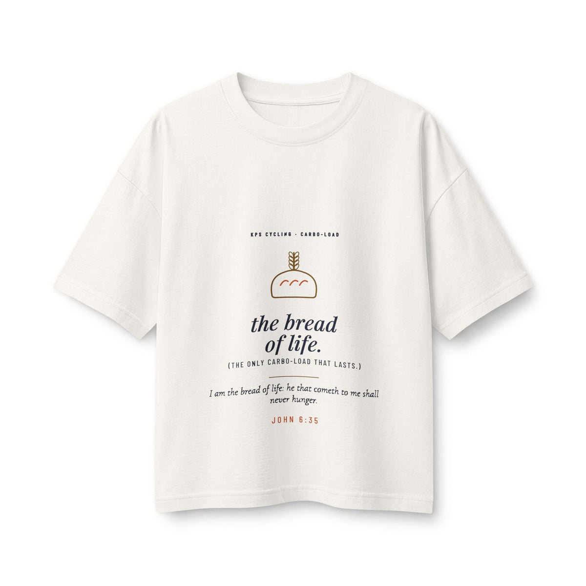 The Bread of Life Women's Boxy Tee, Vintage White, front view, THE BREAD OF LIFE. (THE ONLY CARBO-LOAD THAT LASTS.) John 6:35 (KJV)