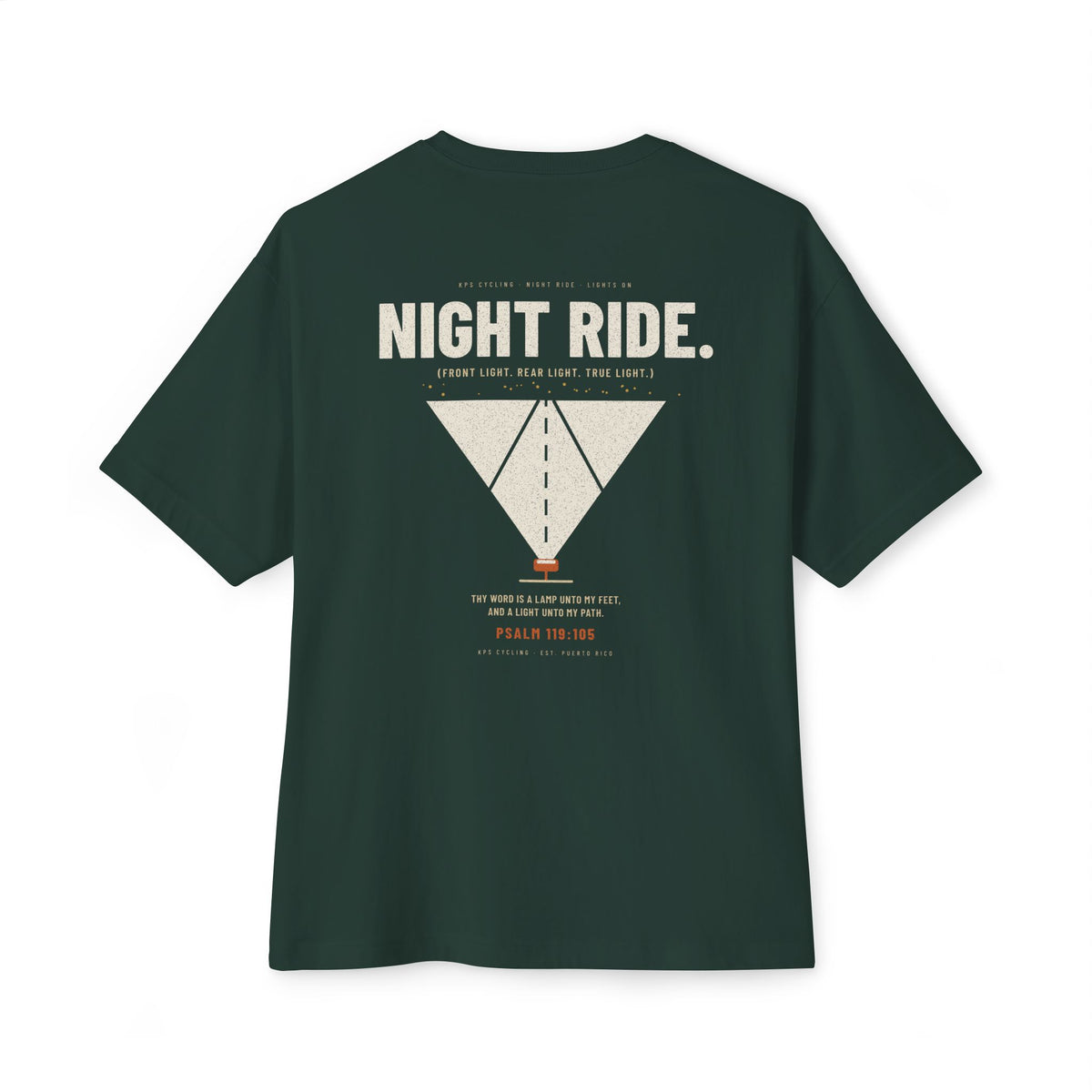 Night Ride Cycling Tee, Forest, back view, NIGHT RIDE. (FRONT LIGHT. REAR LIGHT. TRUE LIGHT.) Psalm 119:105 (KJV)