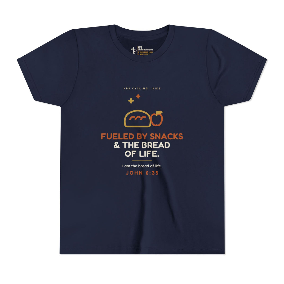 Fueled by Snacks & the Bread of Life Youth Tee, Navy, front view, FUELED BY SNACKS & THE BREAD OF LIFE., John 6:35 (KJV)