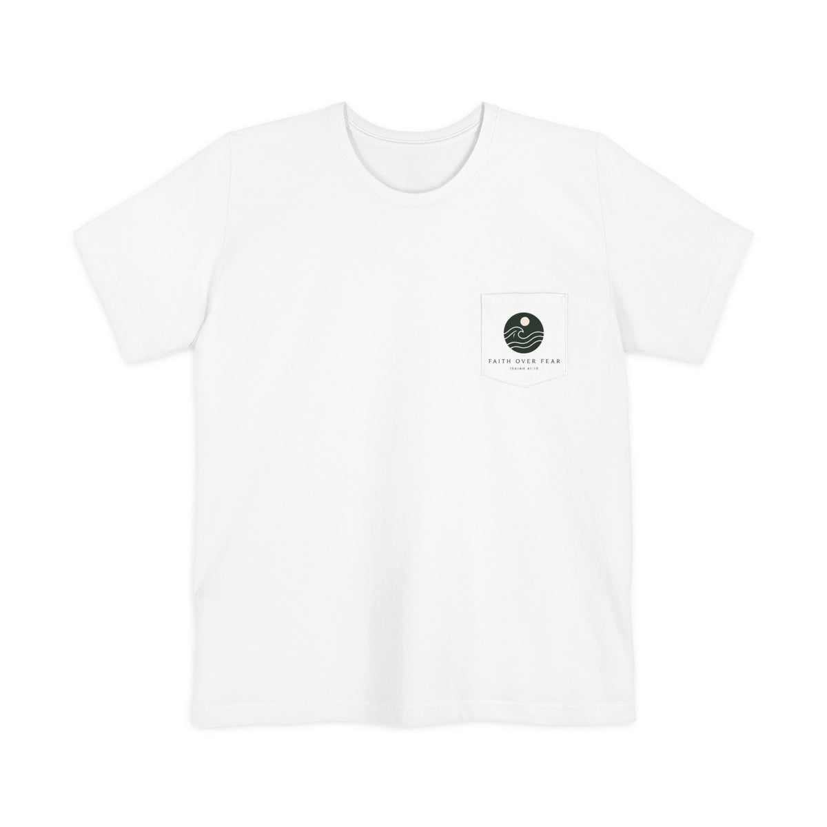 Earth and Moon Pocket Tee, t-shirt, White, front view, THE HEAVENS DECLARE., Psalm 19:1 (KJV)