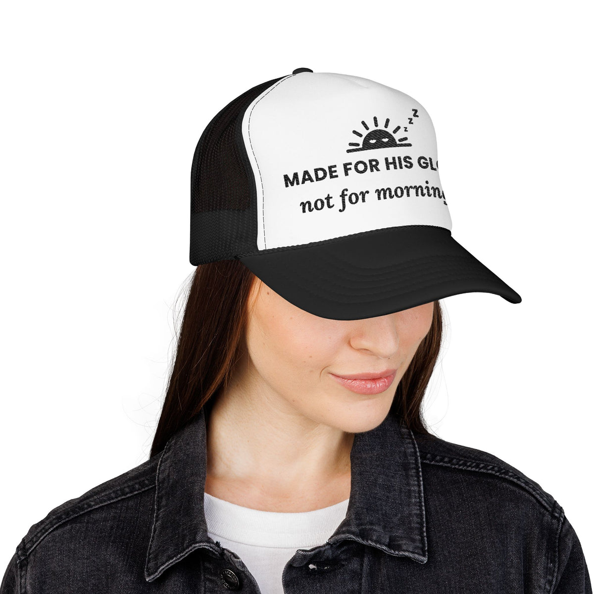His Glory Cap in Black/White, worn by a woman: sleepy sunrise with MADE FOR HIS GLORY not for mornings., Isaiah 43:7 (KJV)