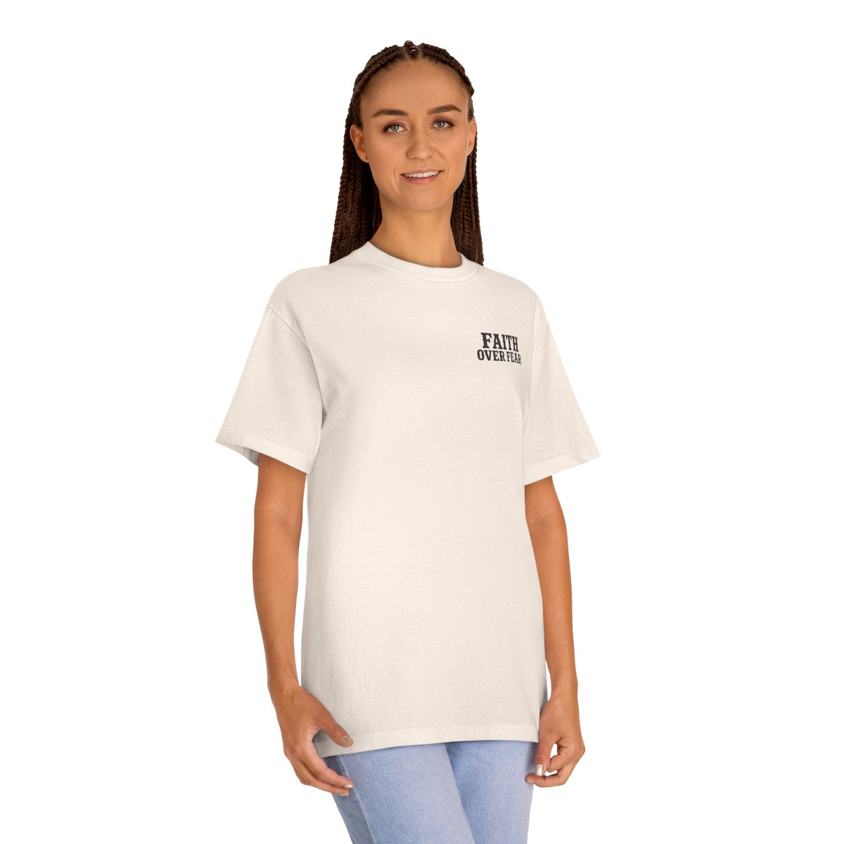 Faith Over Fear Classic Tee, t-shirt, Cream, front view, worn by a woman, FAITH OVER FEAR., 2 Timothy 1:7 (KJV)