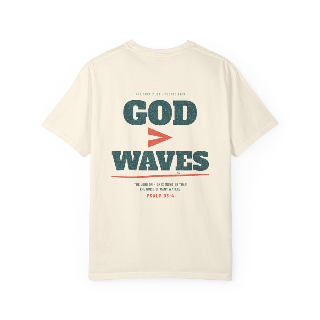 God Greater Than Waves Surf Tee, Ivory, back view, GOD > WAVES. Psalm 93:4 (KJV)