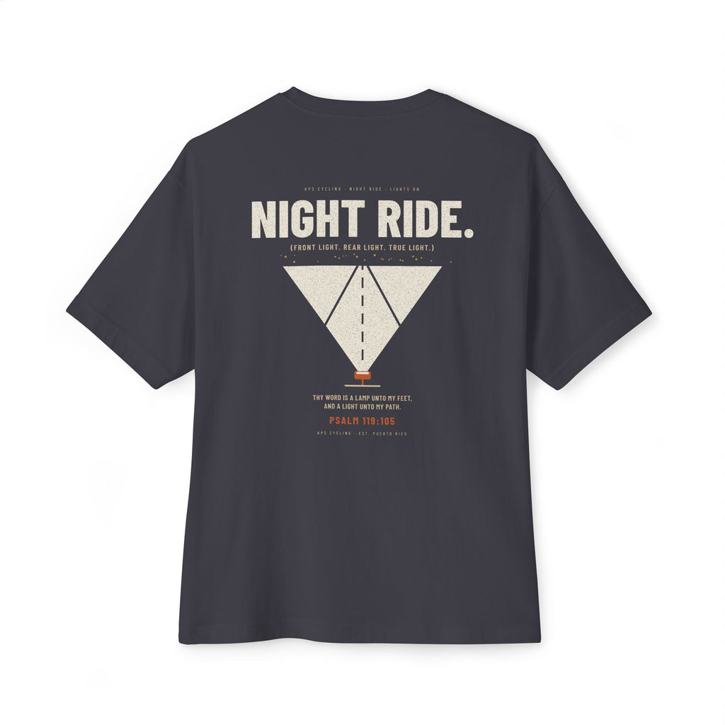 Night Ride Cycling Tee, Dark Grey, back view, NIGHT RIDE. (FRONT LIGHT. REAR LIGHT. TRUE LIGHT.) Psalm 119:105 (KJV)