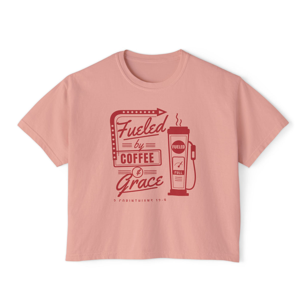 Fueled by Coffee & Grace Crop Tee, crop t-shirt, Peachy, front view, FUELED BY COFFEE & GRACE., 2 Corinthians 12:9 (KJV)