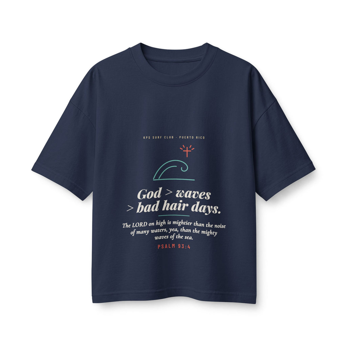 God > Waves > Bad Hair Days Women's Boxy Tee, Navy, front view, GOD > WAVES > BAD HAIR DAYS. Psalm 93:4 (KJV)